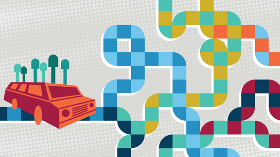 Illustration of a toy car on a game board approaching twisting, intersecting paths.