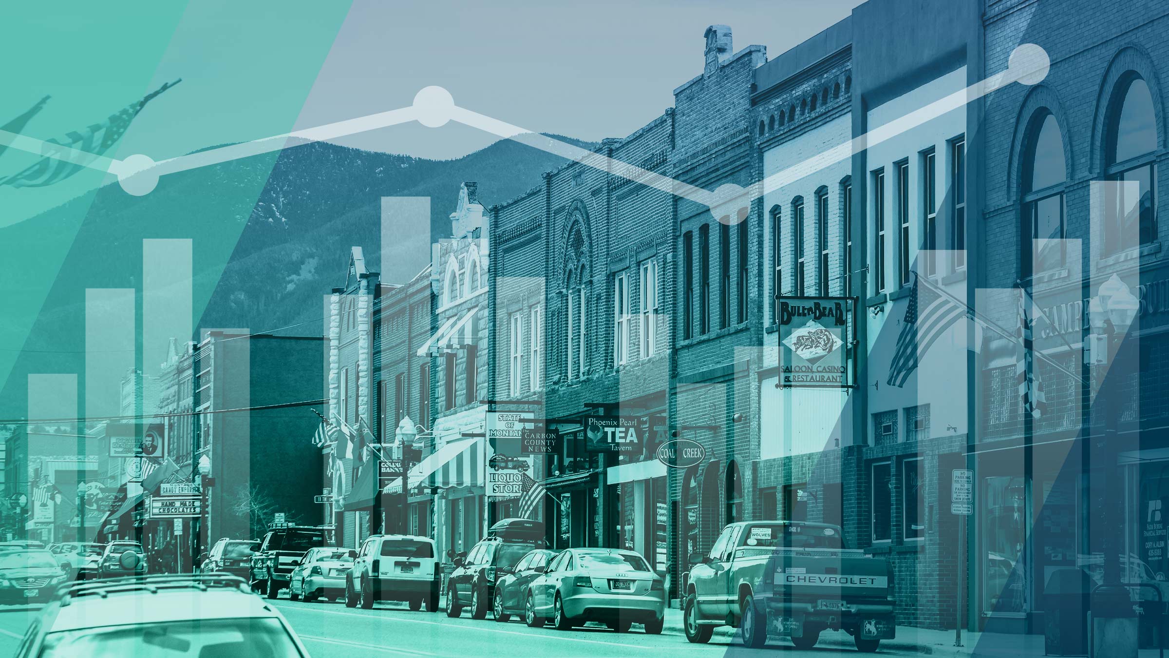 Mainstreet in a small Montana town, with blue and teal graphics overlay