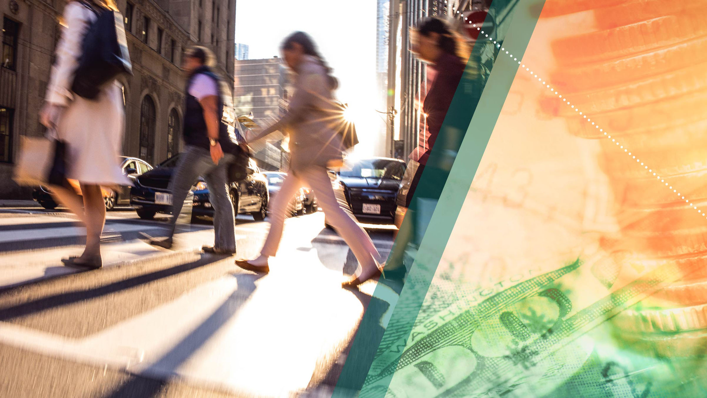 Left side of image: As they head home from work with the sun slipping down in the sky behind them, workers stride through a crosswalk in the busy downtown area of a big city. Right side of image: Layered close-ups of a dollar bill, a stack of coins, and a store receipt, shown in tints of orange and green.