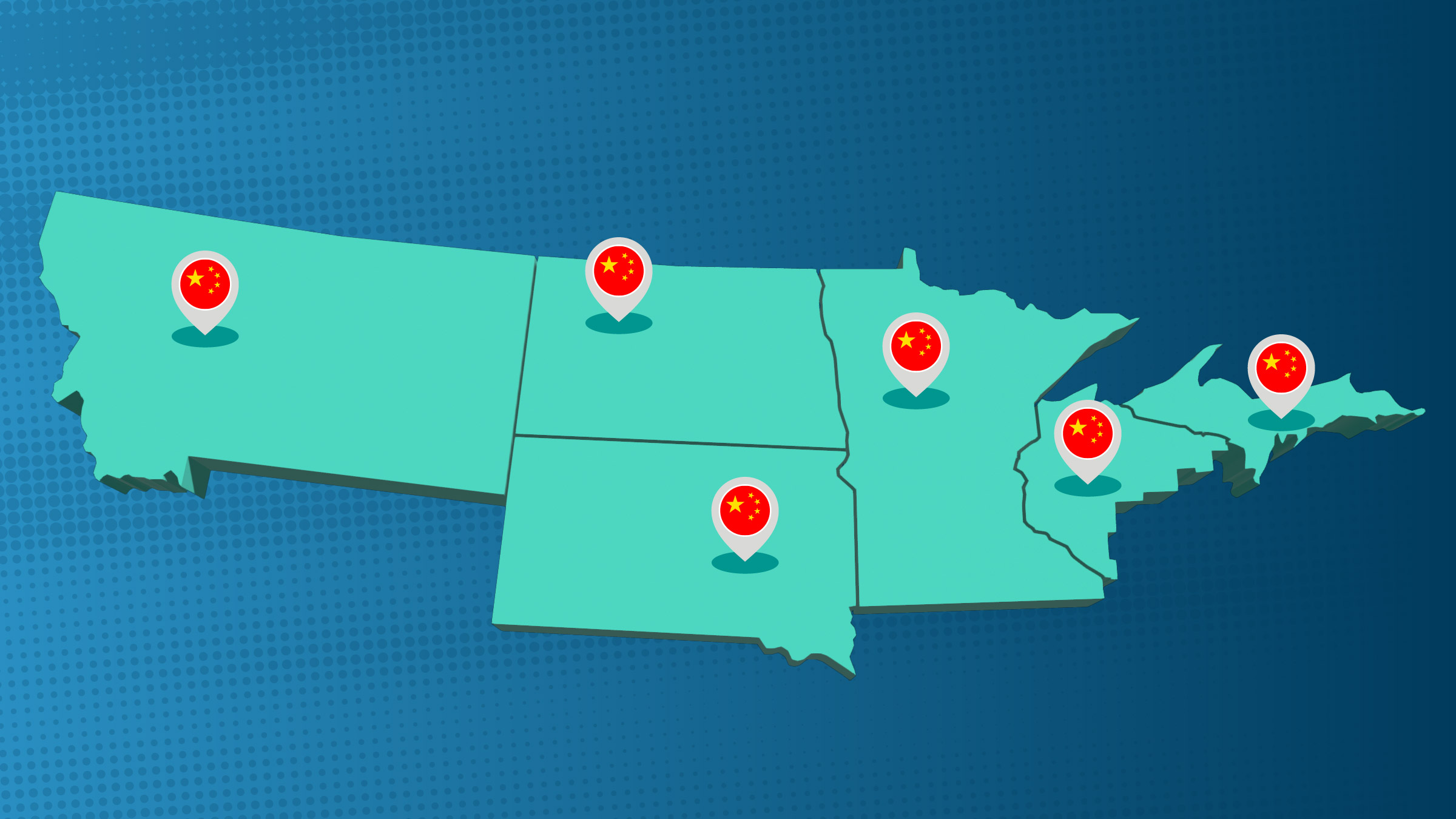Federal Reserve Bank Ninth District map with Chinese dropped pins in each state indicating land investments