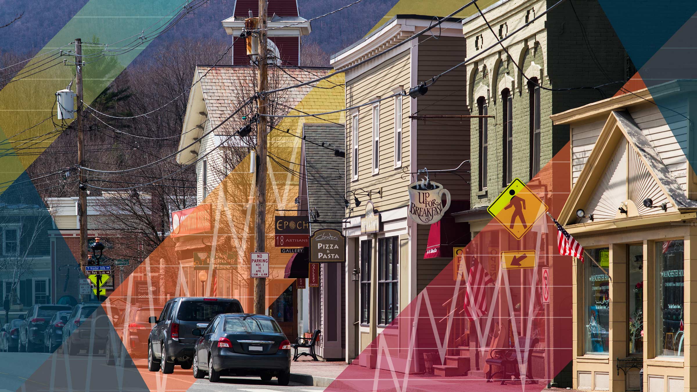 High interest rate chart graphic woven between small town main street business buildings.