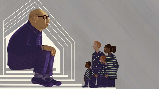 Illustration of large person in house with audience of smaller people