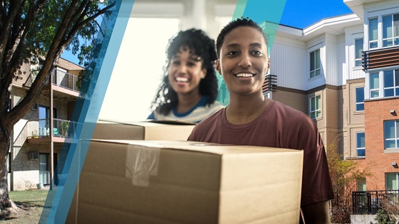 This image is a collage of three photos. The leftmost photo shows the exterior of an older, modest, three-story apartment building. The center and largest photo shows two smiling young women who are facing the camera and carrying moving boxes. The rightmost photo shows an attractive, newly constructed, multistory apartment building that has an upscale appearance.