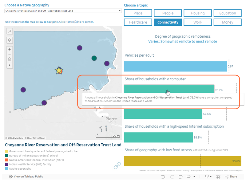 A sample screenshot from the Native Community Data Profiles tool showing a map and some detailed demographic information about the Cheyenne River Reservation and Off-Reservation Trust Land.