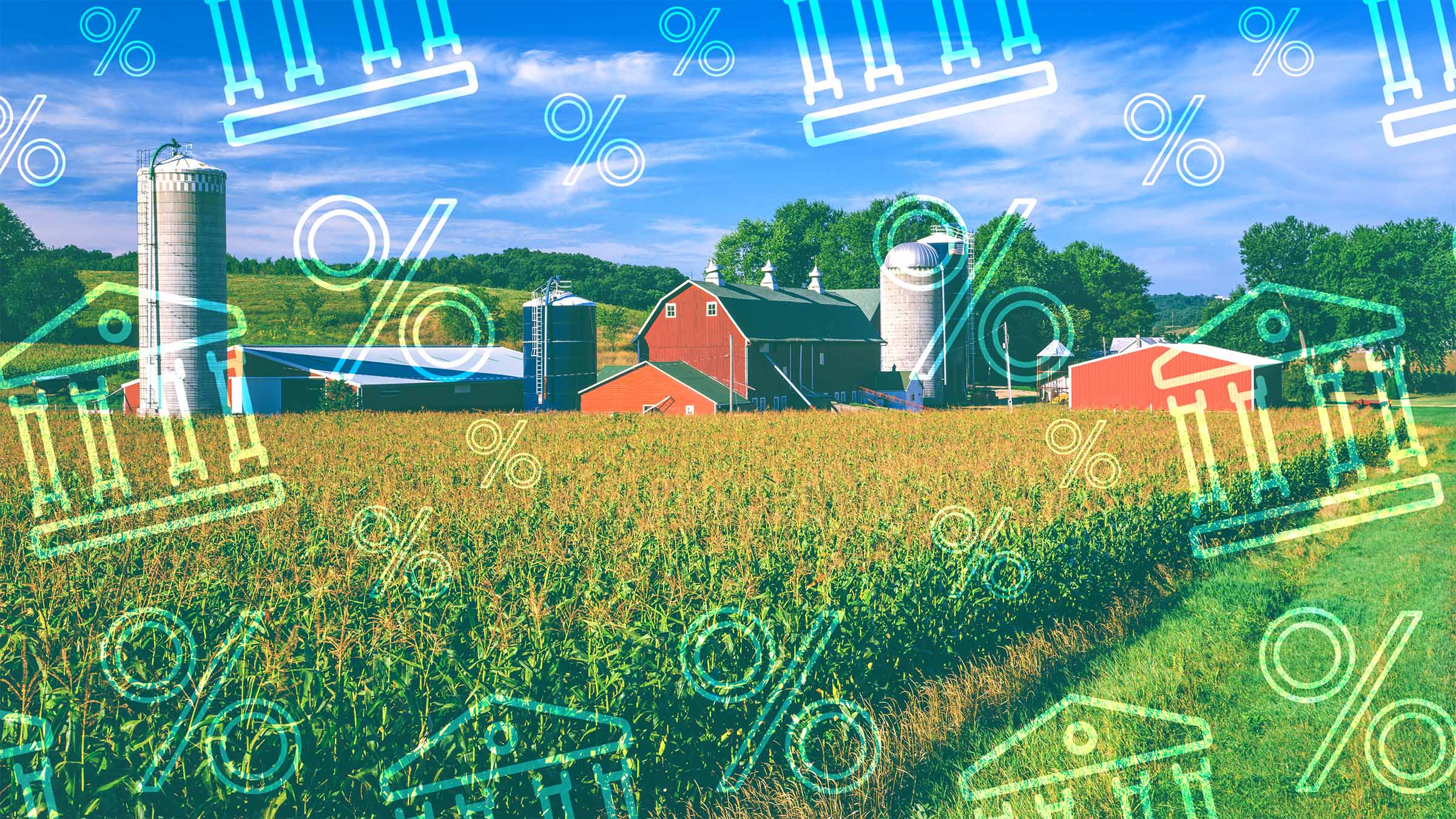 Image of a midwestern farm, overlaied with bank and interest rate icons