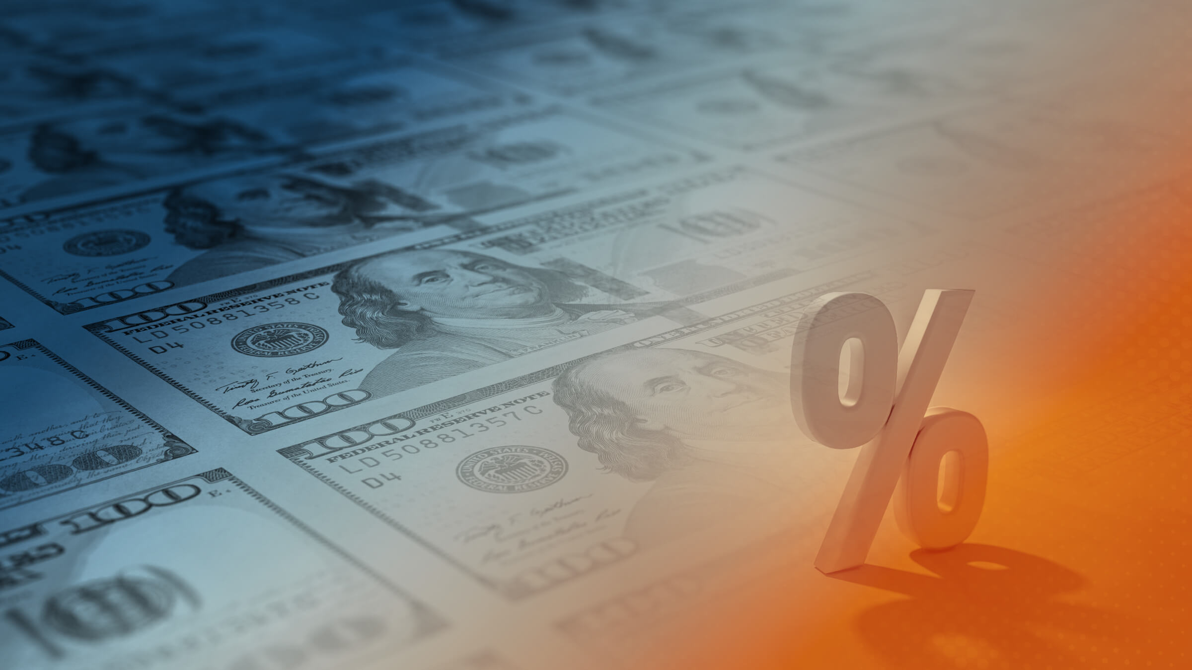 Collage of printed money and percentage sign