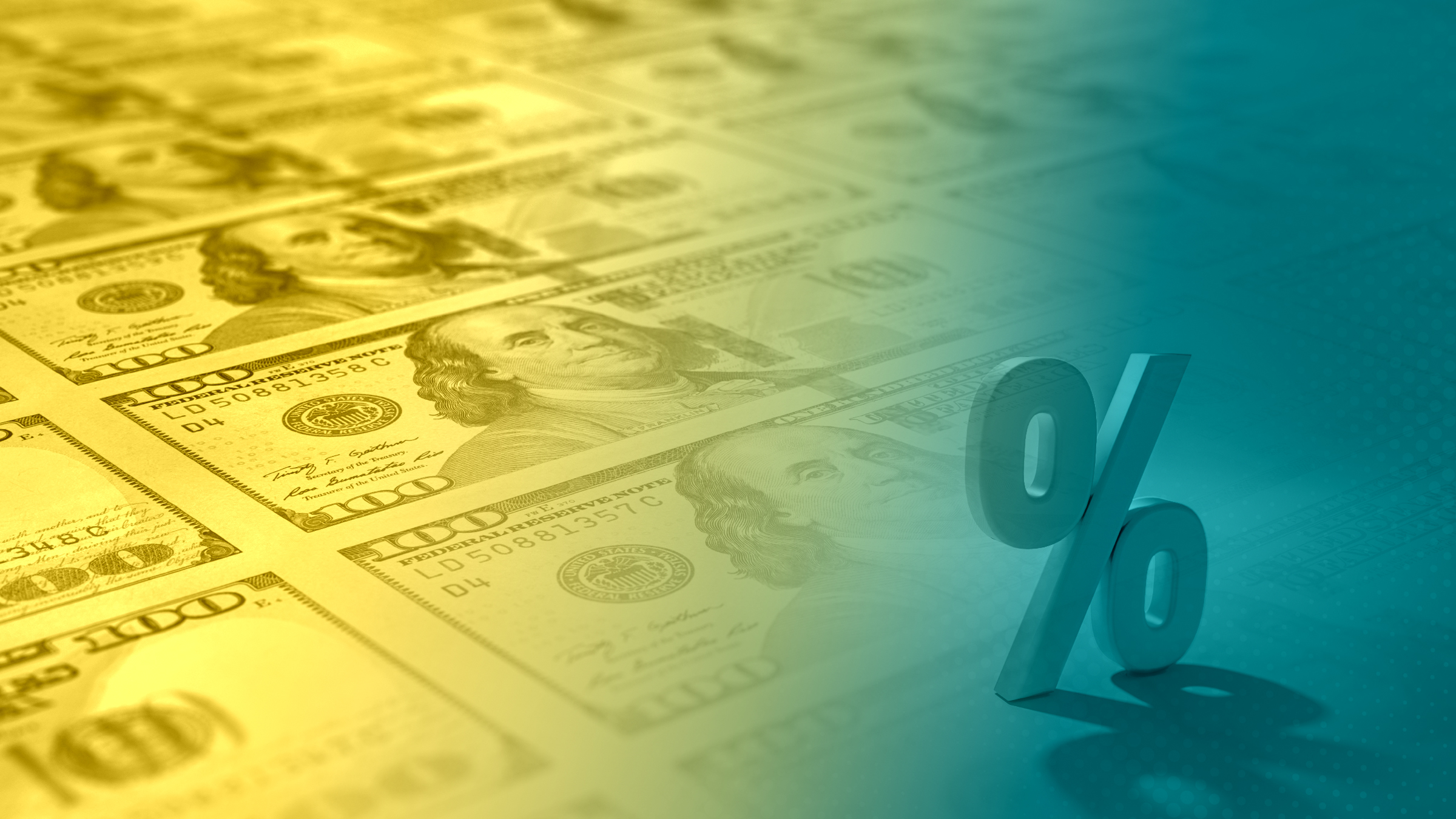 Collage image of $100 bills with a percentage symbol