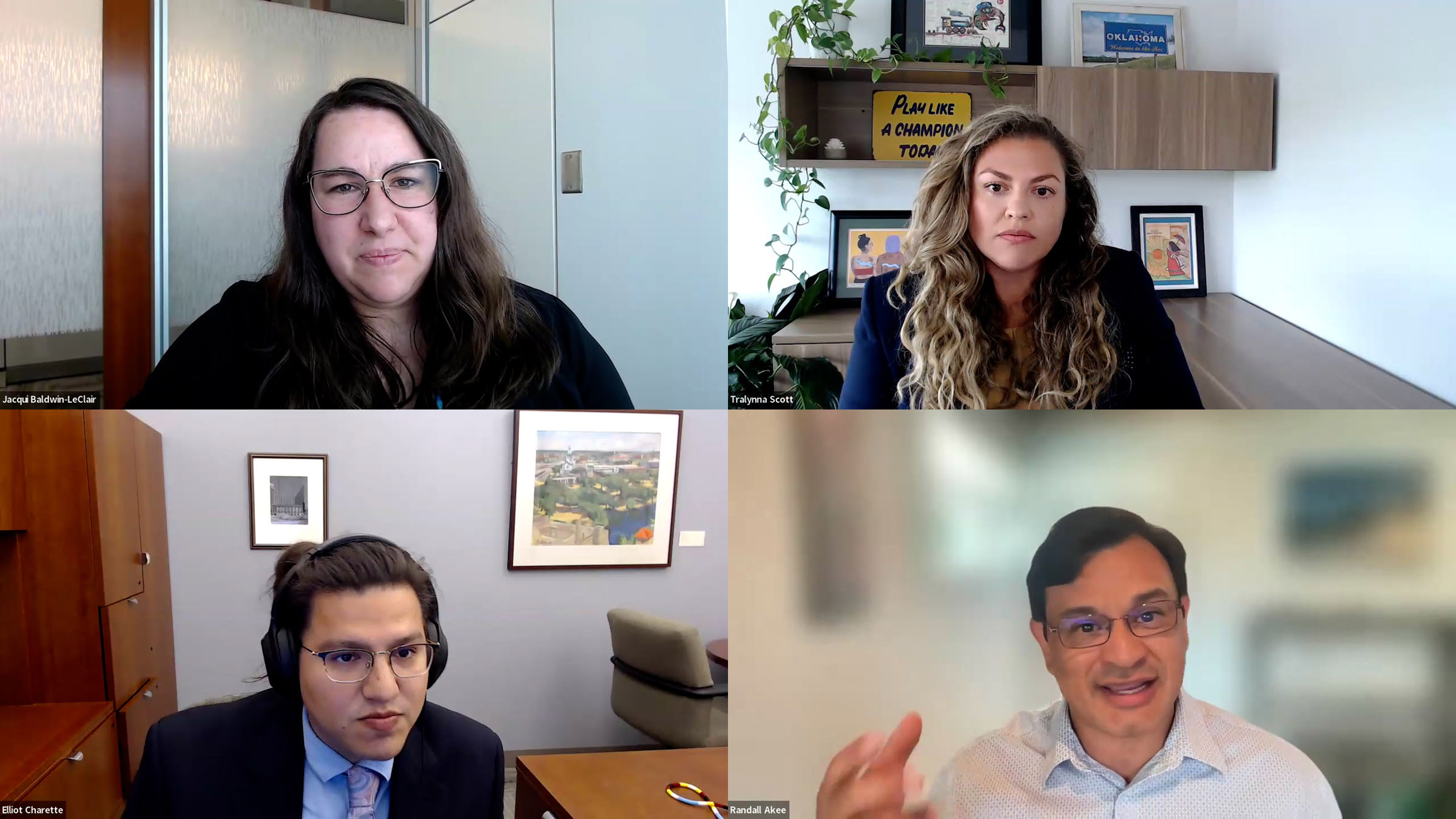 Alt text: Photos of the four speakers from the Center for Indian Country Development's July 17, 2024, webinar titled "Economic Impact Beyond Tribal Economies" are arranged in a two-by-two grid. Appearing clockwise from the upper right are Tralynna Sherrill Scott of Cherokee Nation Businesses, Randall Akee of UCLA, Elliot Charette of the Federal Reserve Bank of Minneapolis, and Jacqui Baldwin-LeClair of the Federal Reserve Bank of Minneapolis.