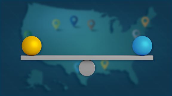 Balanced scale over geographic map of the United States.