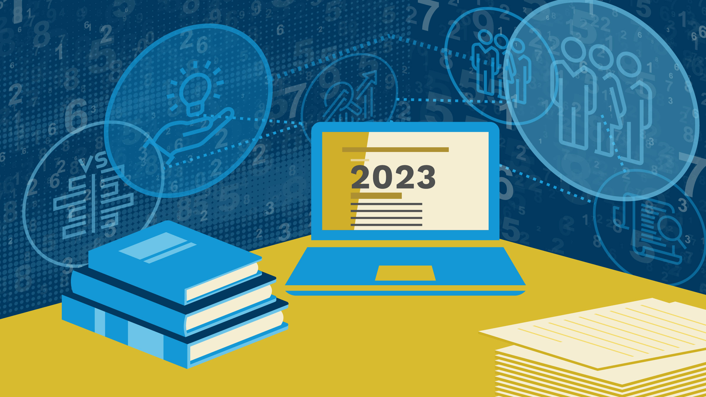 Blue and gold illustration featuring books, a laptop, and research symbols