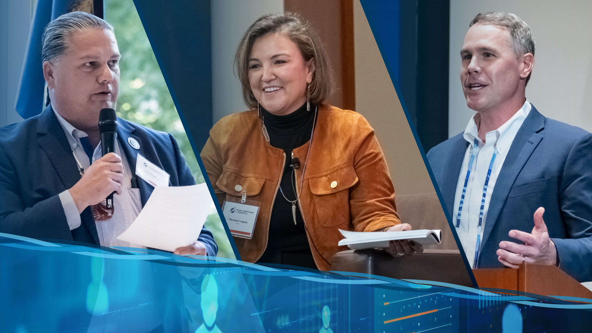 This image is a collage of photos of three individuals speaking at the Center for Indian Country Development's (CICD's) 10th Anniversary and Data Summit event on October 8–9, 2025. Pictured from left to right are Larry Wright Jr., Executive Director of the National Congress of American Indians; Maranda Compton, founder and president of Lepwe, Inc.; and Casey Lozar,  vice president and the director of CICD at the Federal Reserve Bank of Minneapolis.