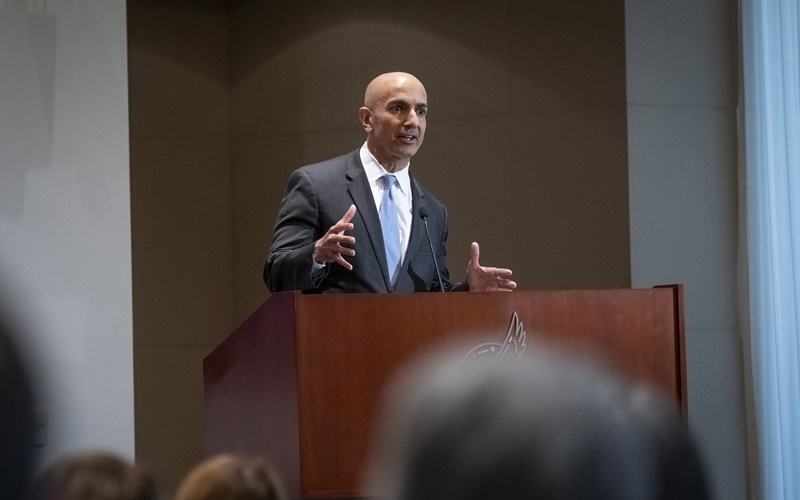 Minneapolis Fed President Neel Kashkari stands at a podium and gestures as he delivers remarks at the Center for Indian Country Development 10th Anniversary and Data Summit event on October 8–9, 2025.