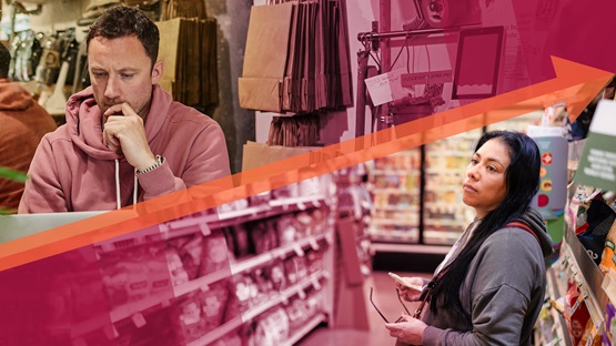 Collage image featuring a shop owner reviewing business costs and a consumer checking prices at a grocery store