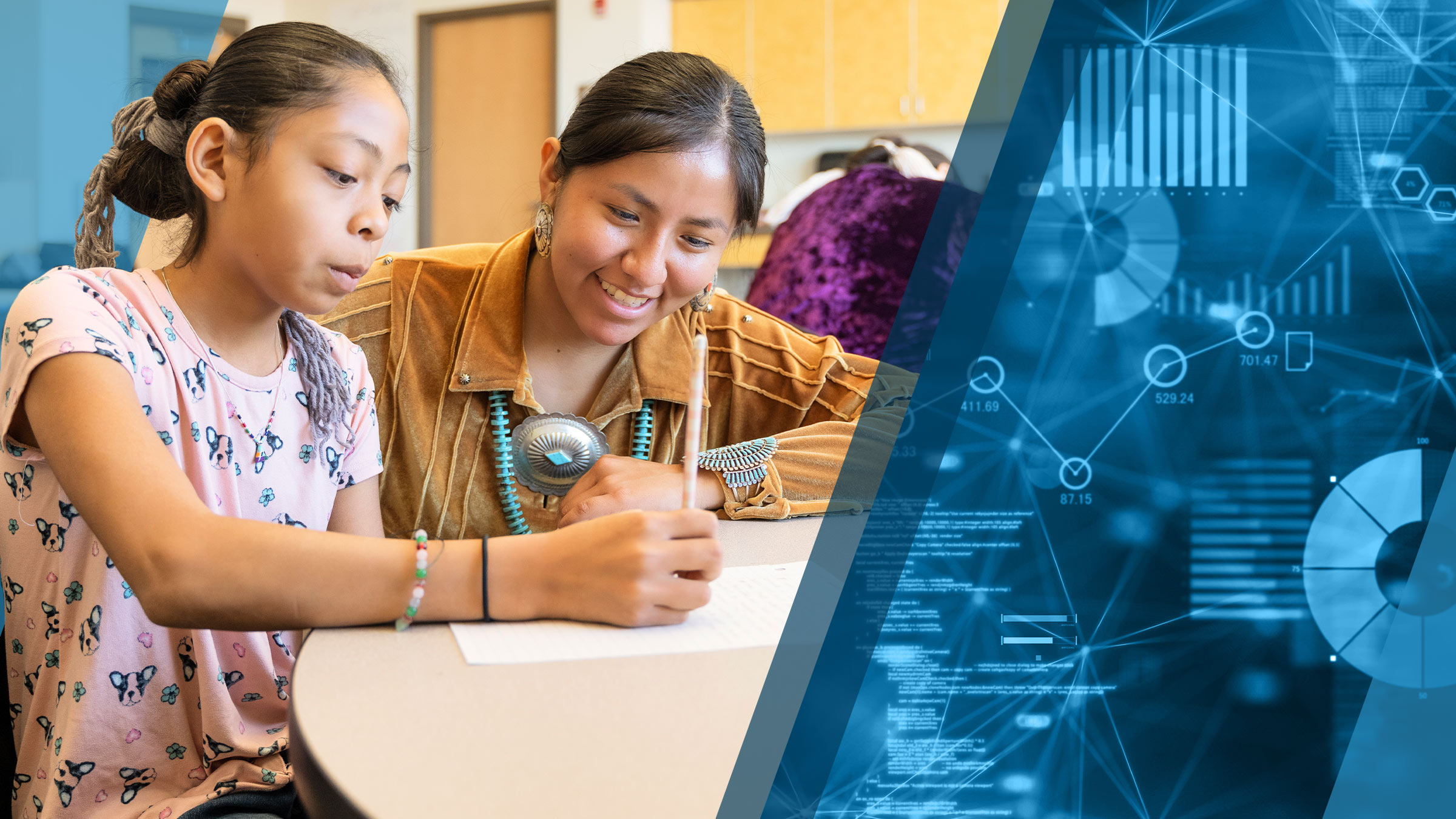 Photo on left side of image: At a table inside a schoolroom on the Navajo Reservation, a smiling female teacher helps a student with her assignment. The teacher wears a gold-colored, traditional Navajo shirt and several pieces of traditional jewelry, and her student wears jeans and a pink tee shirt. On right side of image: Layered symbols and visuals representing data science appear in silhouette on a blue background. The visuals include chart elements, numbers, and strings of computer code