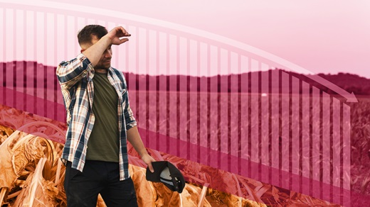 A tired farmer wiping his brow with a downward trending graph in the background