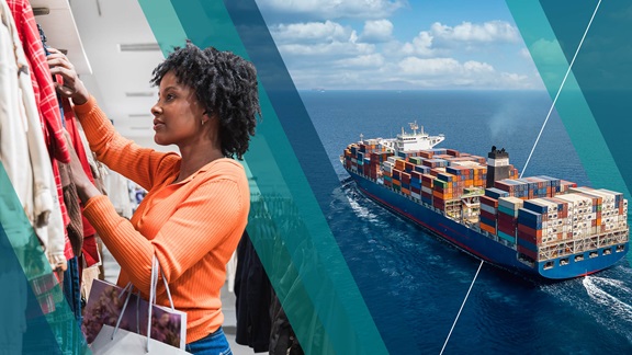 A ship loaded with shipping containers is transporting goods overseas beside a photo of a woman shopping at a clothing store