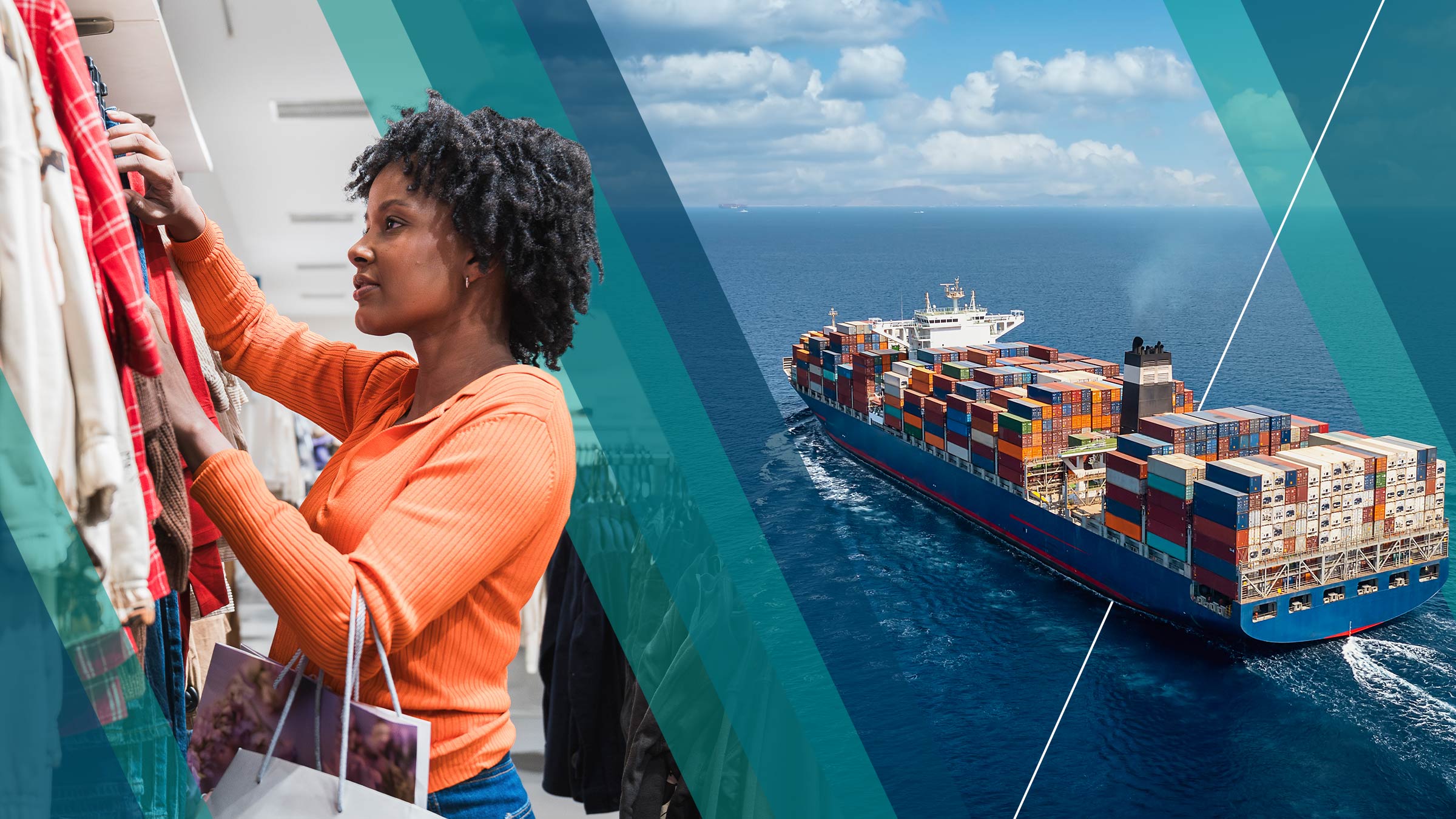 A ship loaded with shipping containers is transporting goods overseas beside a photo of a woman shopping at a clothing store