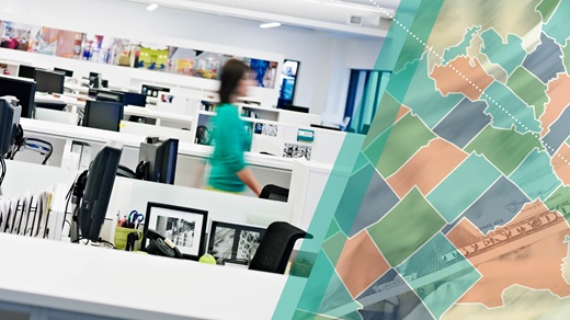 Left side of image: A woman in a turquoise short walks down a row of low-wall cubicles in an airy, brightly lit, but empty office space. Right side of image: Layered close-ups show a map of the United States, with the states outlined in white and filled in solid shades of blue, green, and orange; and visual details from the front side of a $20 bill.