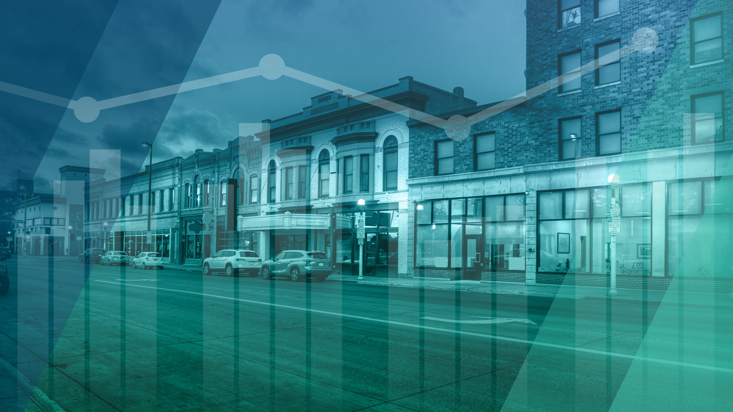 Overcast Bismark, ND main street with overlaid graphs and navy-teal color treatment