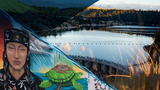 Lower left third of the image is a photo of the "I See Generations: Keep Tobacco Sacred" mural at the Native American Center in Minneapolis, which depicts scenes from an Indigenous creation story, including how Turtle Island (North America) came to be. The mural is the work of artists Gregg Deal and Votan Henriquez. Upper right two-thirds of the image is a photo of Se’liš Ksanka Qĺispe’ Dam on the Flathead River in Montana. Uniting the two photos is a braided cord consisting of three blue bands.