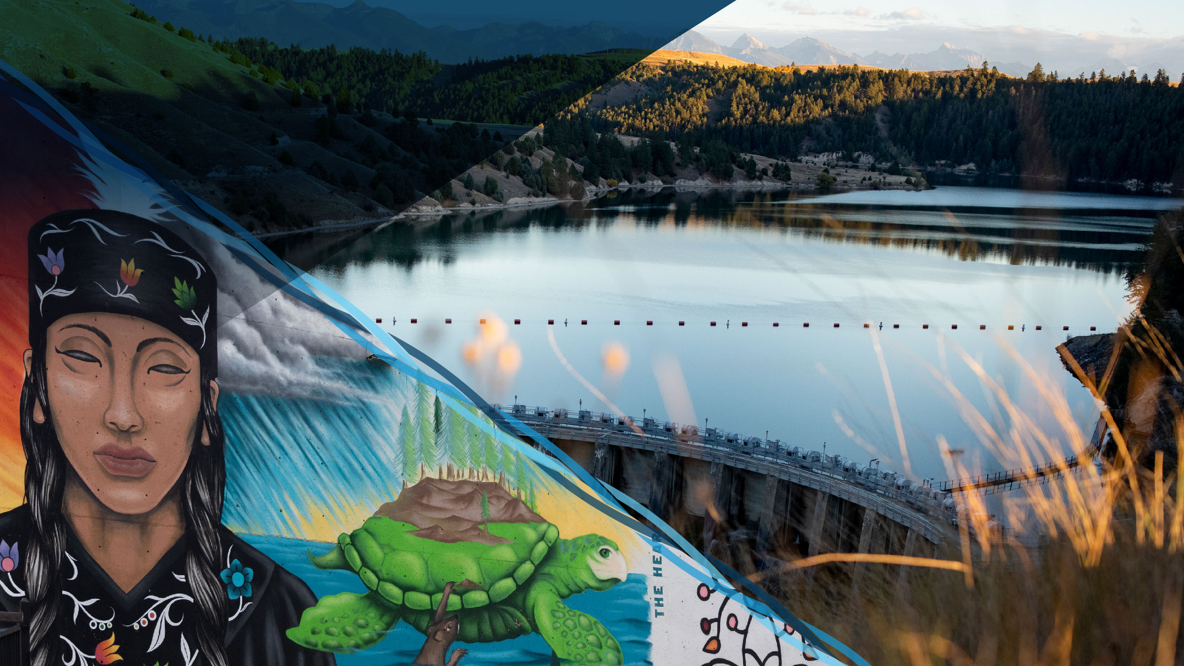 Lower left third of the image is a photo of the "I See Generations: Keep Tobacco Sacred" mural at the Native American Center in Minneapolis, which depicts scenes from an Indigenous creation story, including how Turtle Island (North America) came to be. The mural is the work of artists Gregg Deal and Votan Henriquez. Upper right two-thirds of the image is a photo of Se’liš Ksanka Qĺispe’ Dam on the Flathead River in Montana. Uniting the two photos is a braided cord consisting of three blue bands.