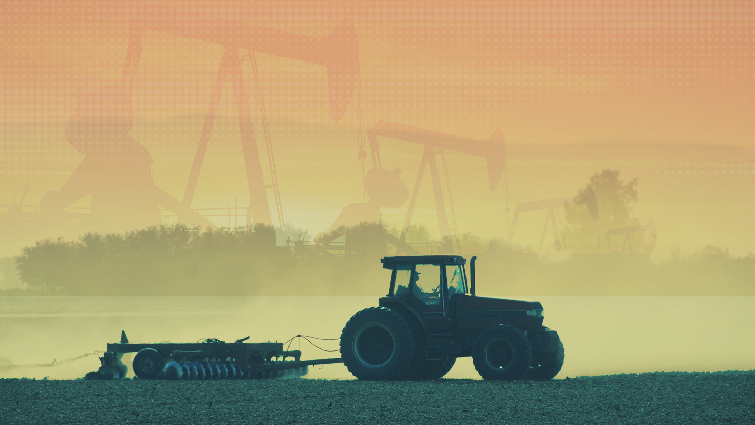 Image of a tractor in a field, with image of oil pumps transposed over the the background