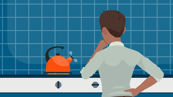 Graphic of person in front of oven watching kettle start to boil