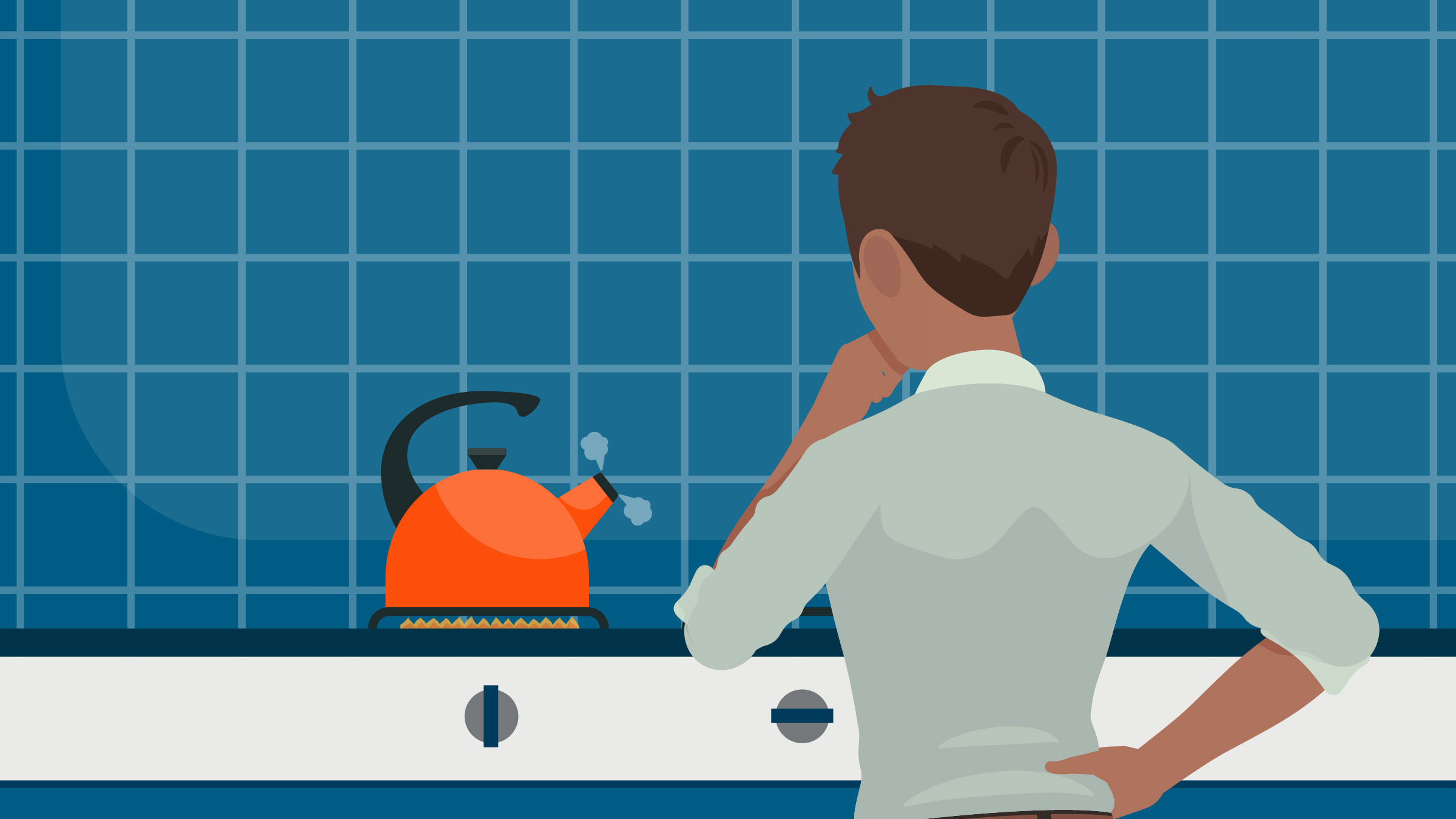 Graphic of person in front of oven watching kettle start to boil