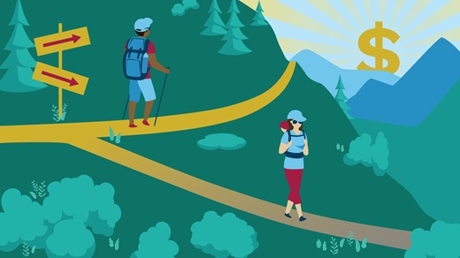 Illustration of two hiking parents choosing different paths - the father continues on the upward path while the mother chooses the declining path