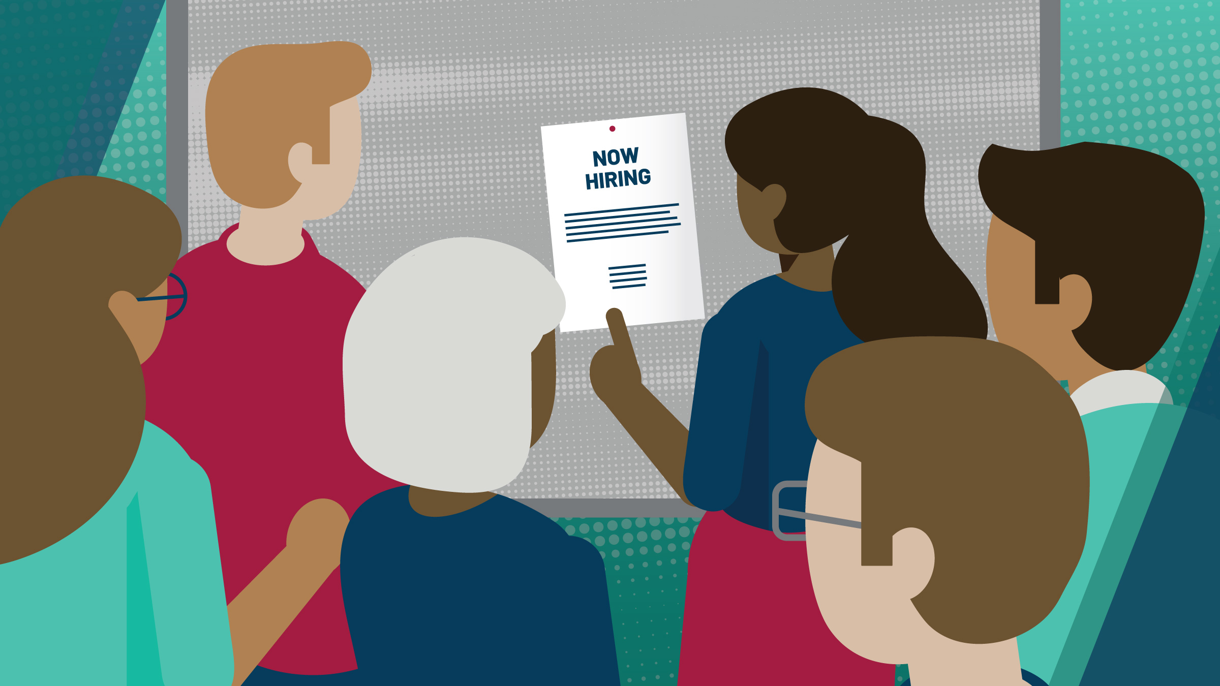 Illustration of a group of job seekers gathered around a job posting board with a single flyer posted