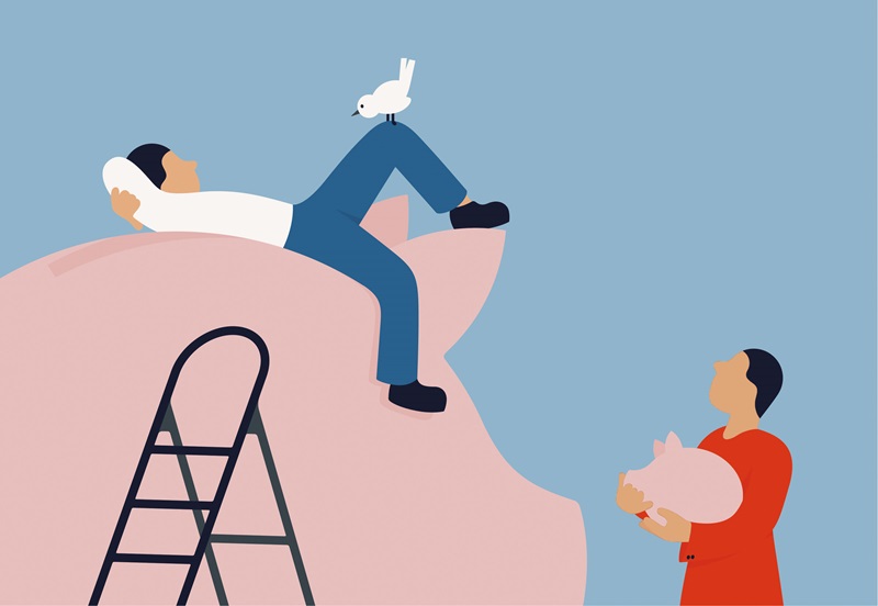 Illustration of person laying on big piggy bank