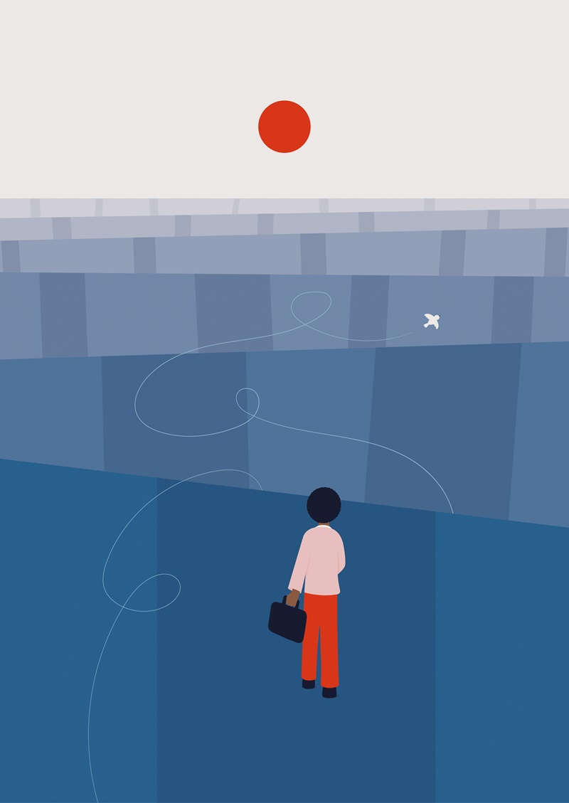 Illustration of person walking towards sun