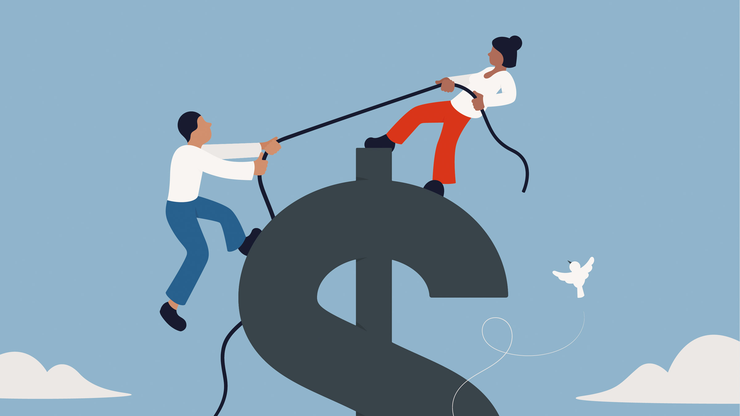 Illustration of people helping each other climb dollar sign