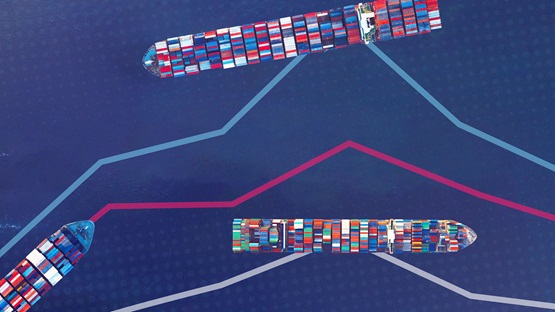 Cargo ships traversing chart lines from above