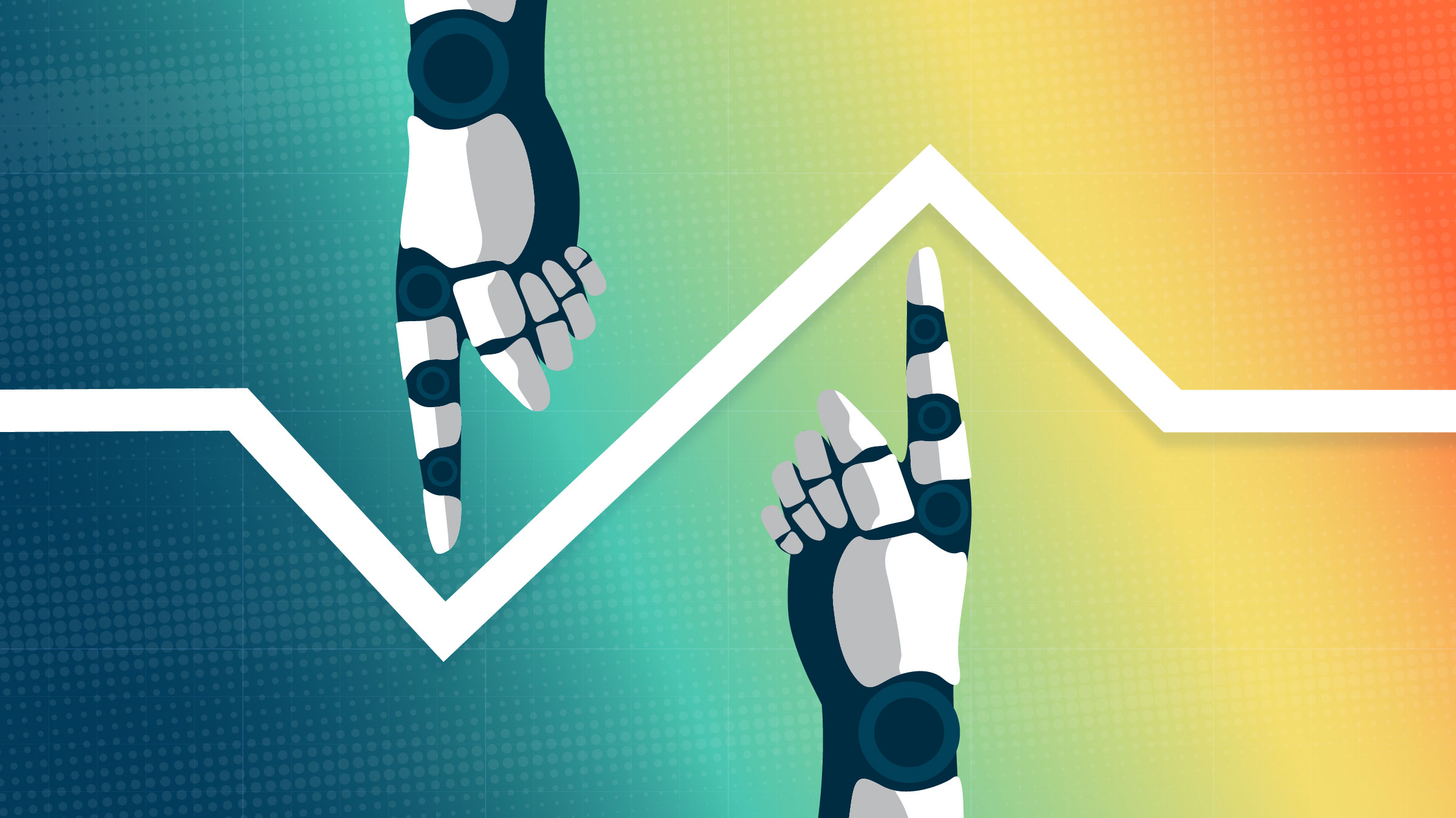 Mechanical hands representing AI pushing up and down on a chart line
