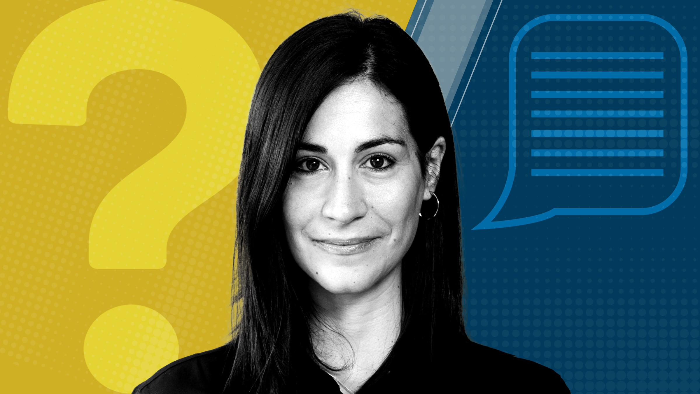 Barbara Biasi's portrait on a blue and yellow background with a question mark on the yellow side and a dialogue bubble on the blue side