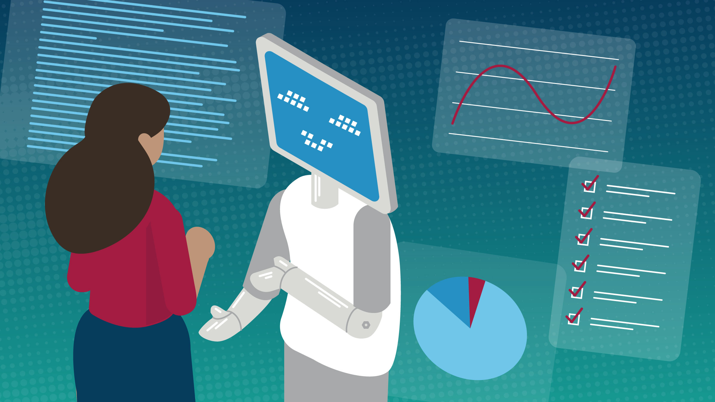 An AI robot offering help to an apprehensive employee
