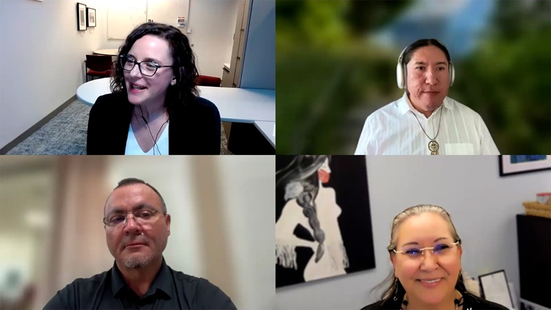 Video stills from the June 25, 2026, Center for Indian Country Development Data Summit showing Michael Running Wolf, Secretary/Treasurer Michelle Beaudin, Eric Ramos, and Vanessa Palmer in a 2x2 grid.