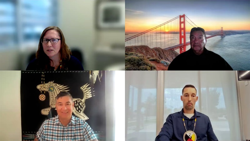 Video stills from the June 25, 2026, Center for Indian Country Development Data Summit showing Jennifer Chadwick, Mike Lettig, Brian (Wabjejak) Kirk, and Ted Piccolo in a 2x2 grid.