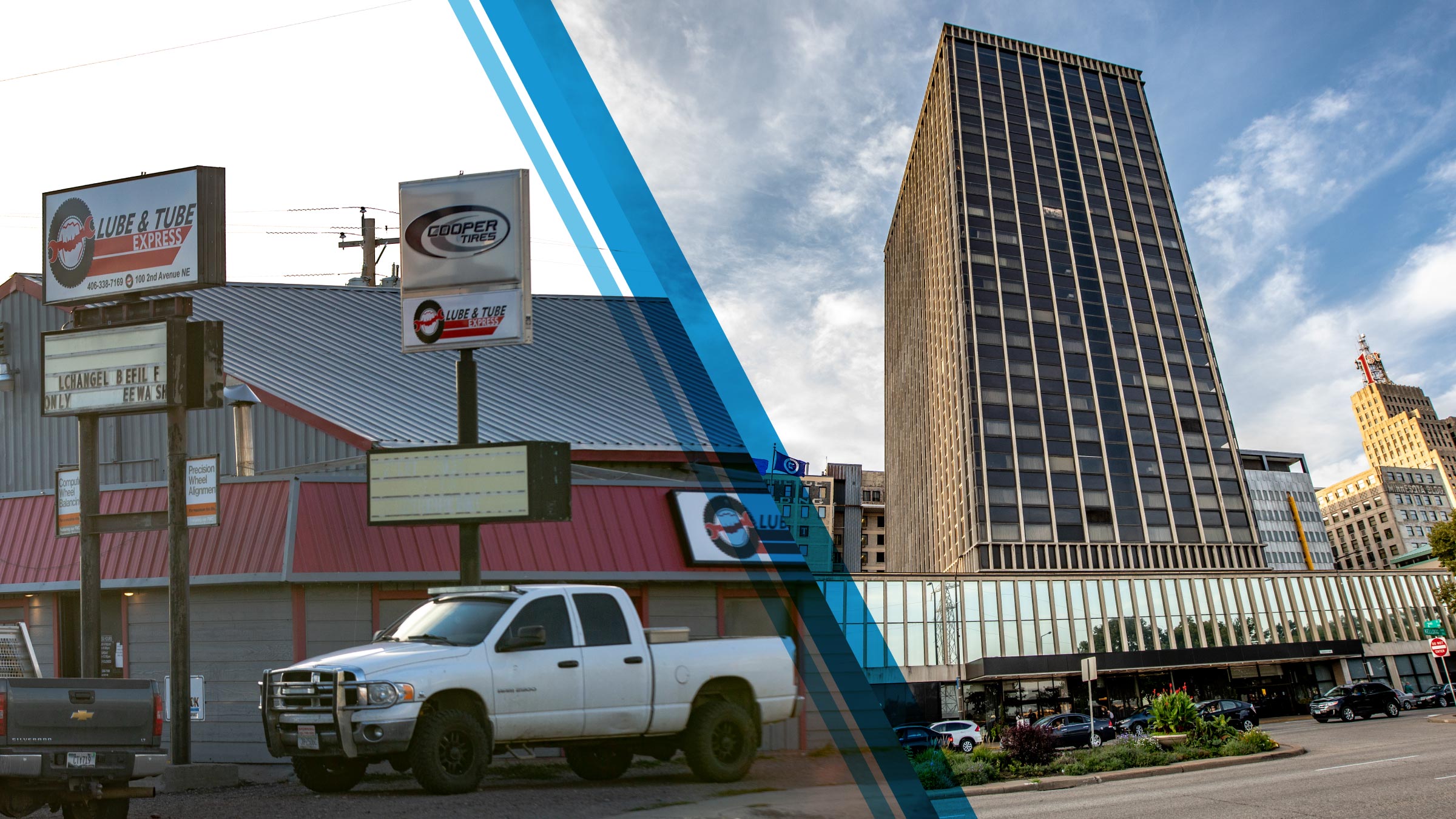 Photo on left side of image: Daytime exterior shot of a tire and auto service shop in a small town in Montana. The one-story building has gray metal siding and red trim. Two pickup trucks are parked near the entrance, below the shop's signs. Photo on right side of image: Daytime exterior shot of a high-rise hotel in downtown St. Paul, Minnesota. The image is taken at midrange from across the street, looking up at the hotel tower, with several other downtown buildings visible in tihe background.