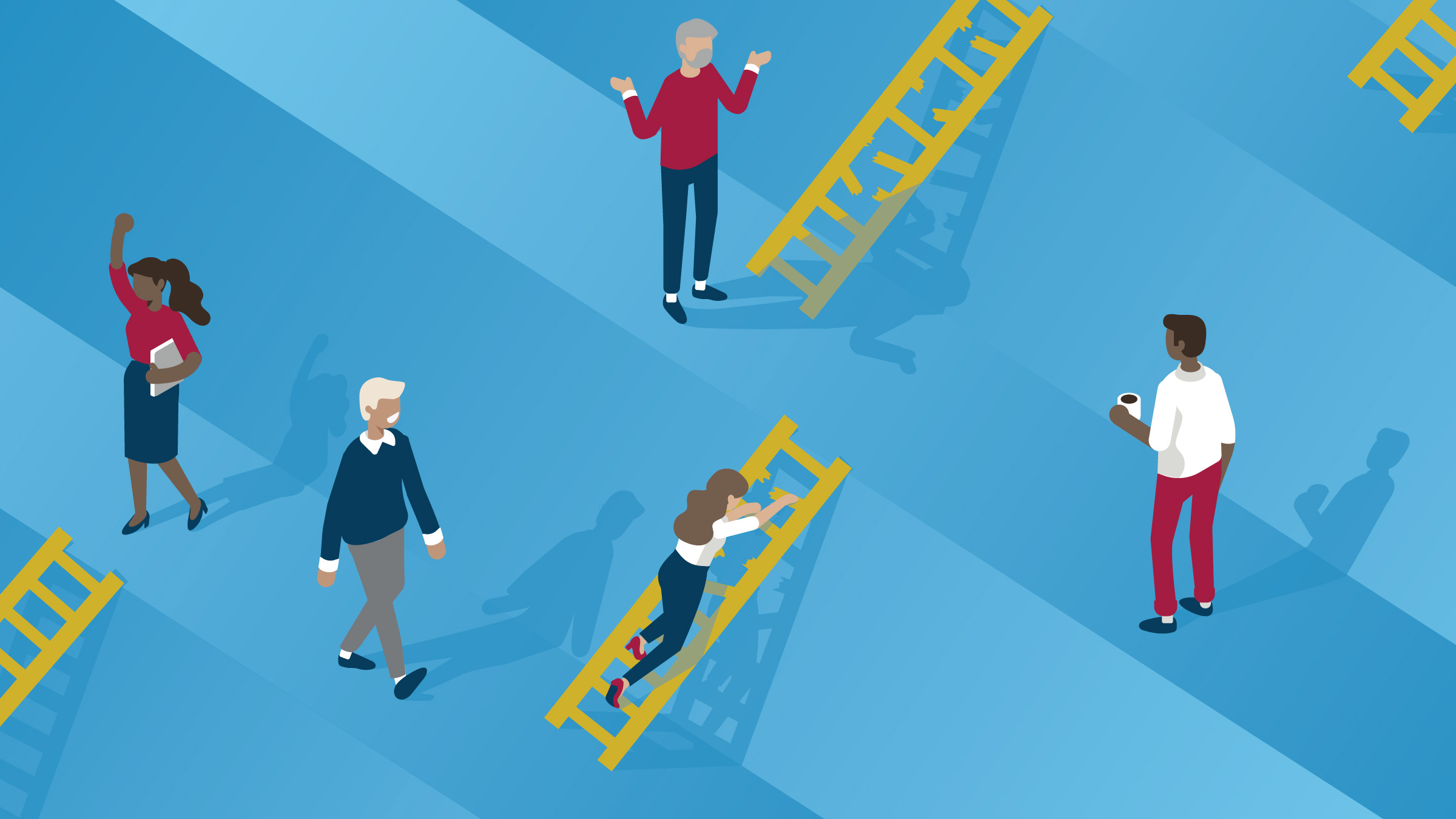 Aerial view of workers navigating ladders to advancement with ladders becoming more broken as levels ascend
