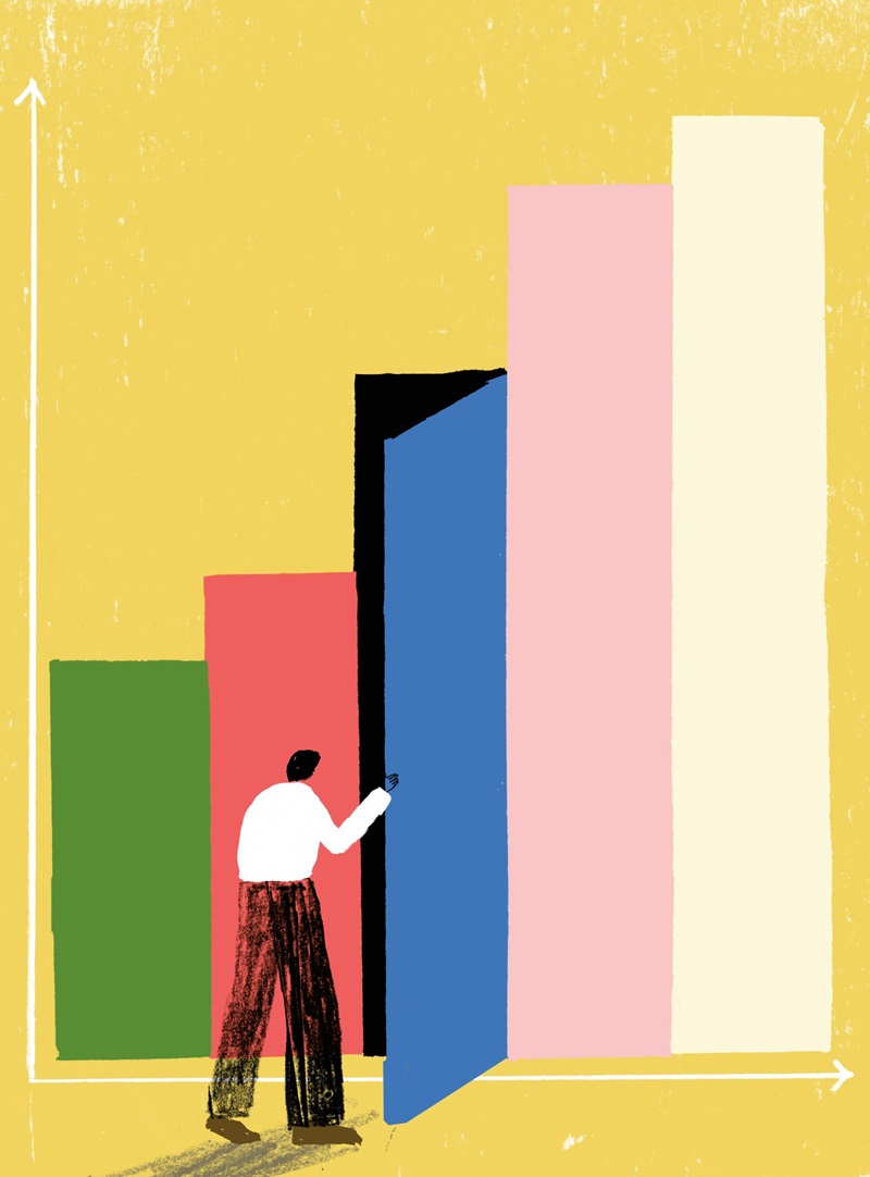 illustration of man entering a door that is a column on a chart