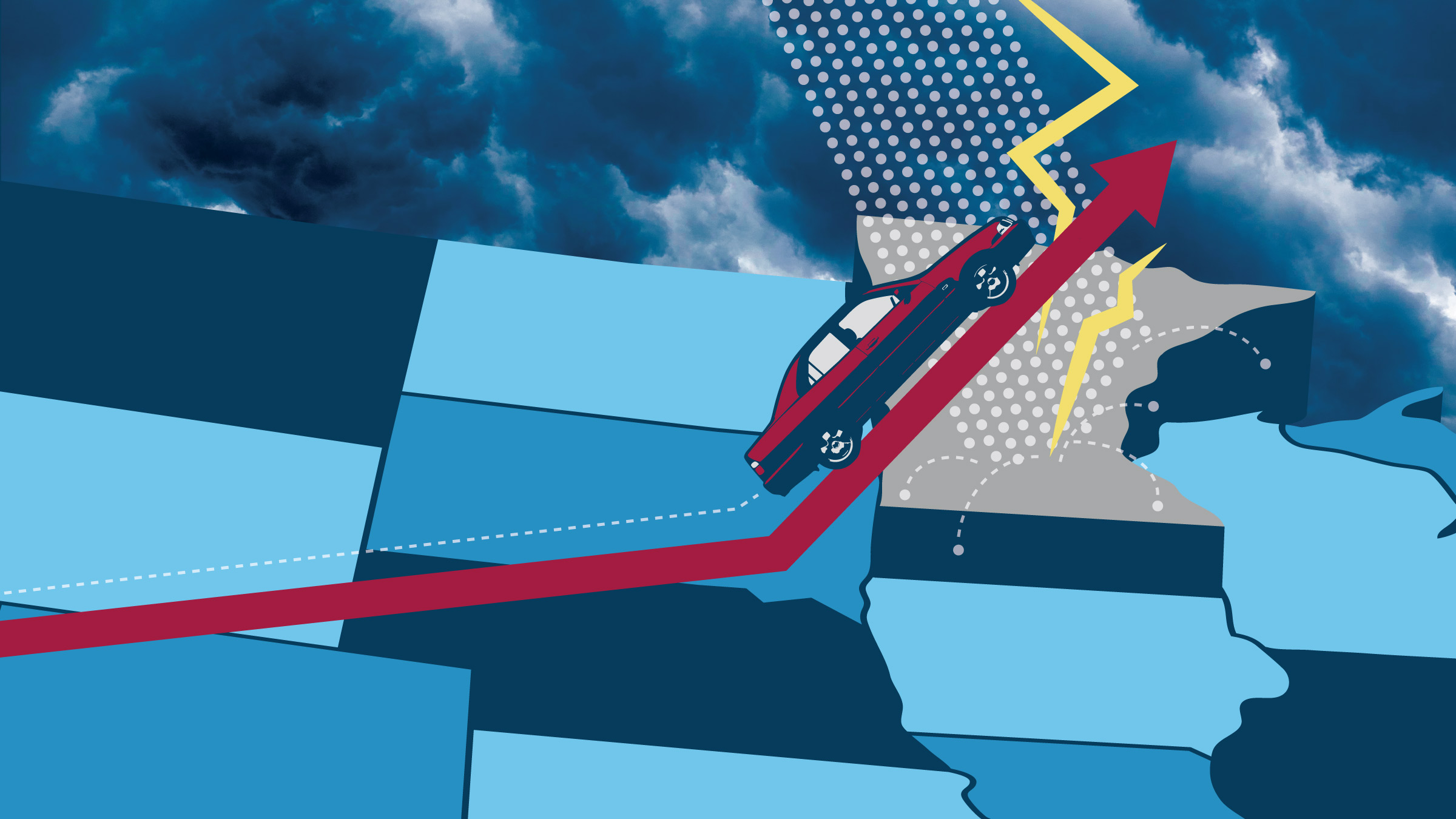 A car drives along a trend line across a map of the U.S. that spikes at Minnesota where there's hail and lightening