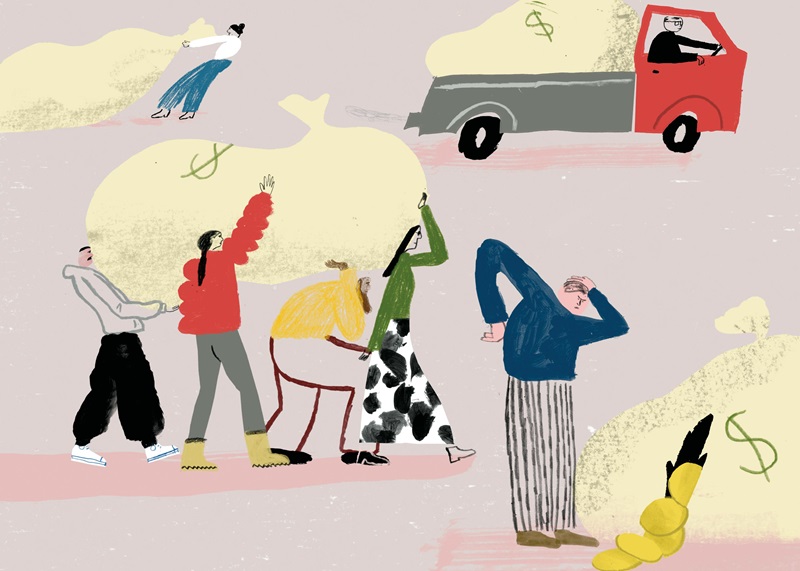 Illustration of people dragging heavy bags of money