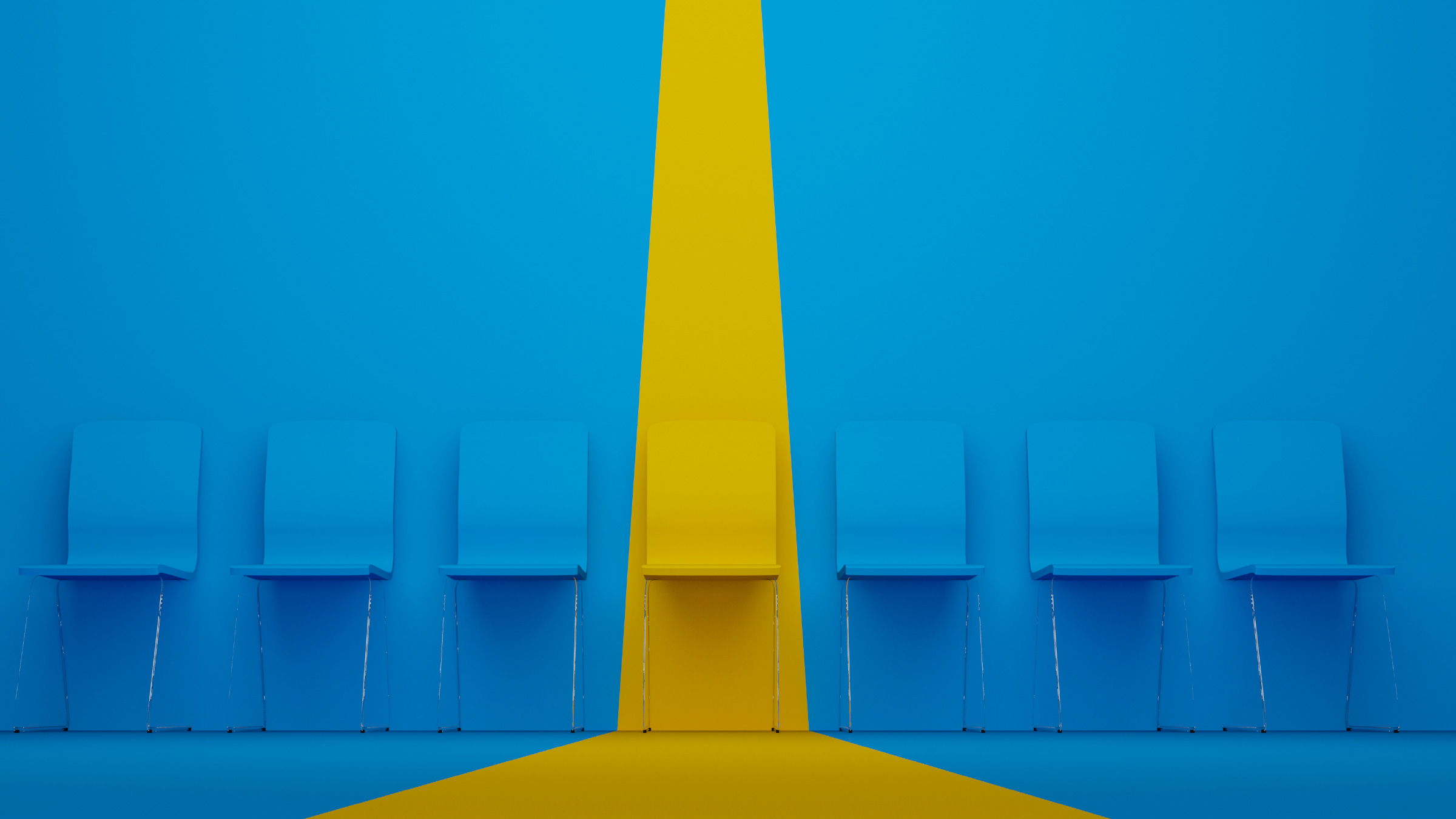Blue chairs against a blue wall with one yellow chair highlighted