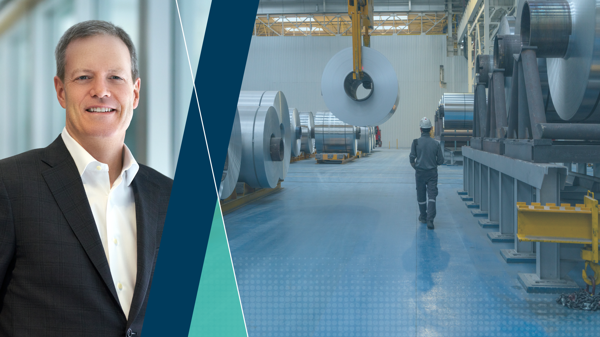 Mike Roman headshot transposed with a manufacturing factory interior photo