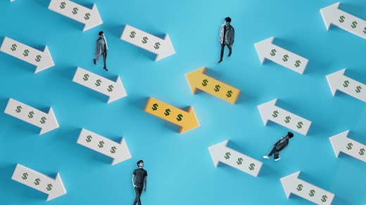 Arrows with dollar symbols pointing in opposing directions on a blue background