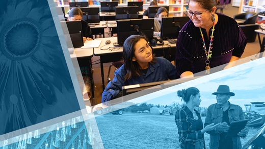 Collage featuring an image of an instructor and students in a computer lab and an image of rural farmers working on a tablet