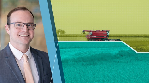 portrait of Joe Mahon next to an image of a combine havesting  a field