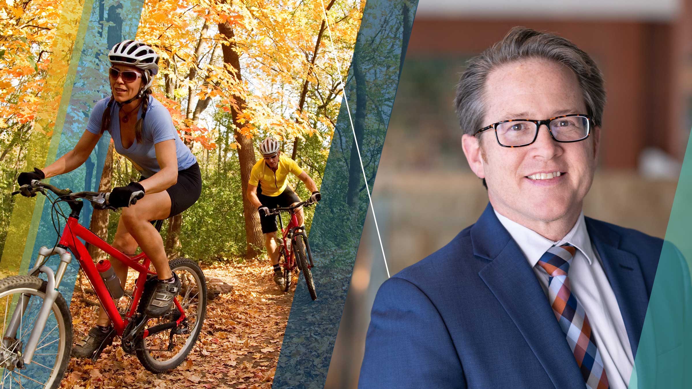 Side-by-side image of cyclists on a trail on the left and Ron Wirtz on the right